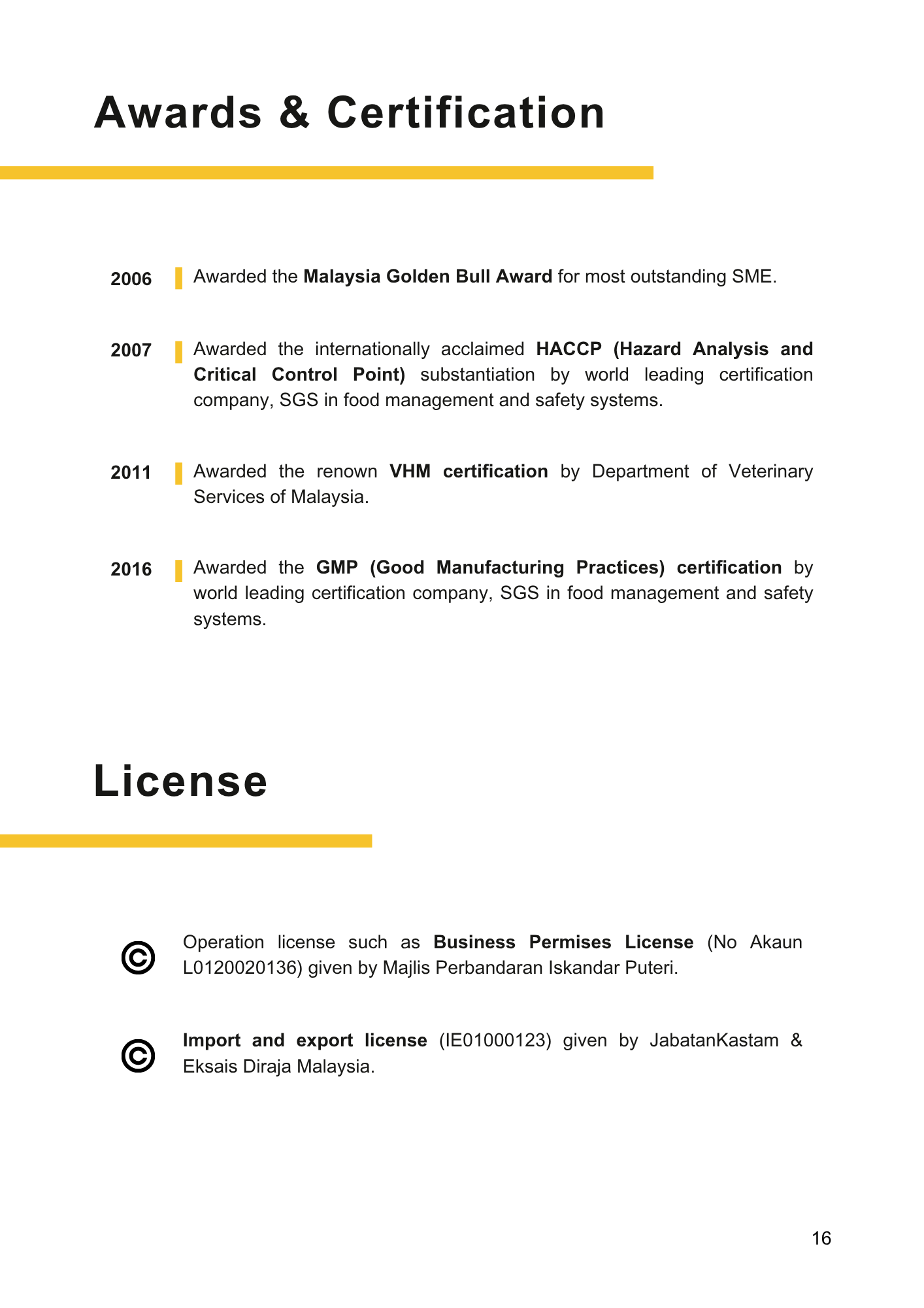 Awards & license summary